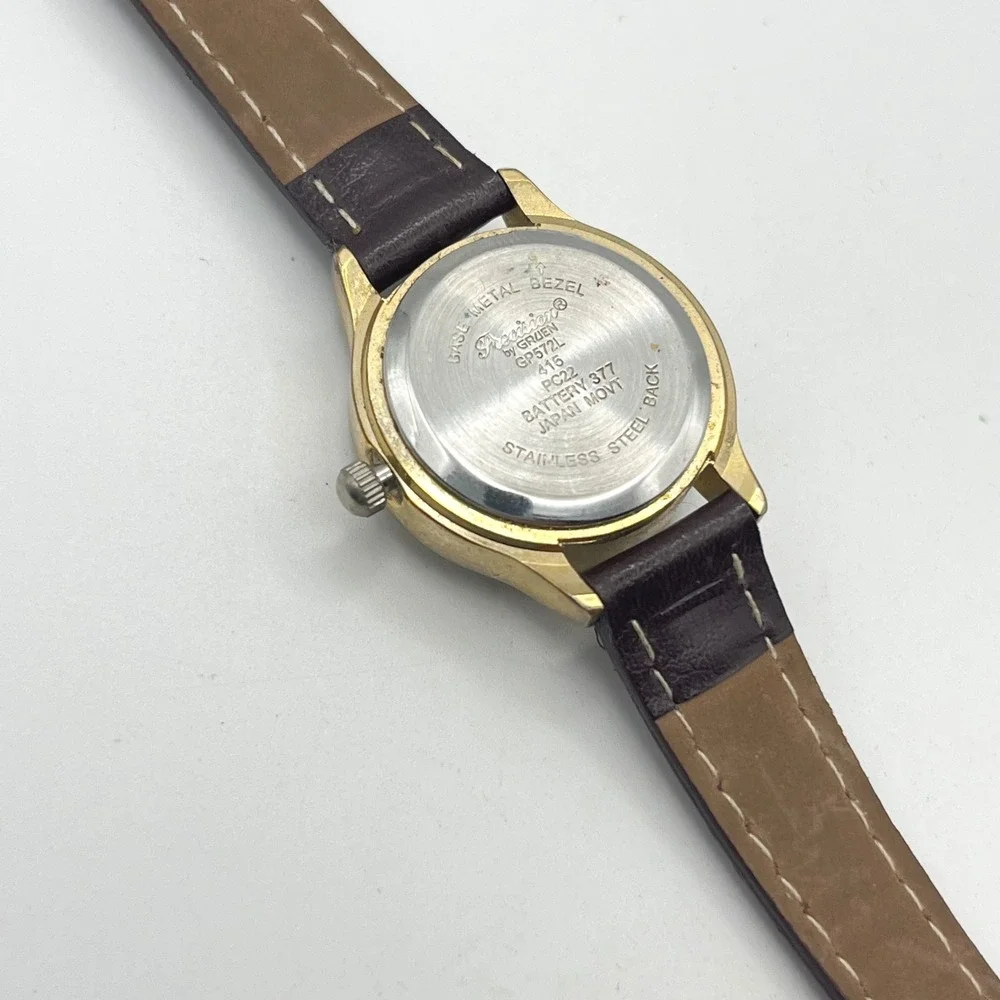 Precision by Gruen GP572L Womens Quartz Watch Gold Tone Brown Strap Date Window